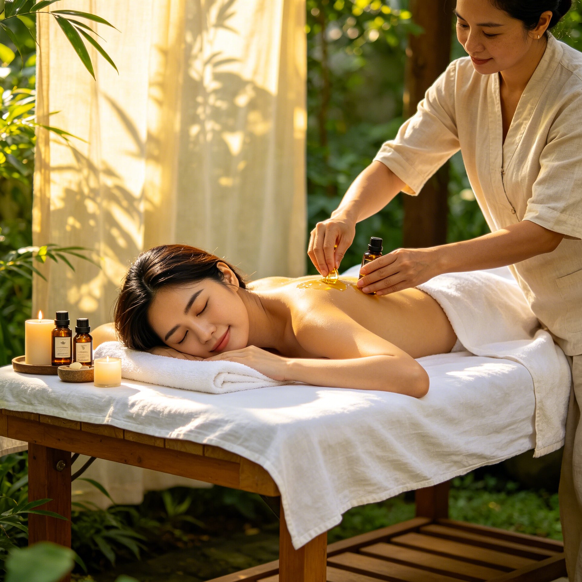 Professional massage therapist preparing equipment for in-room hotel massage service